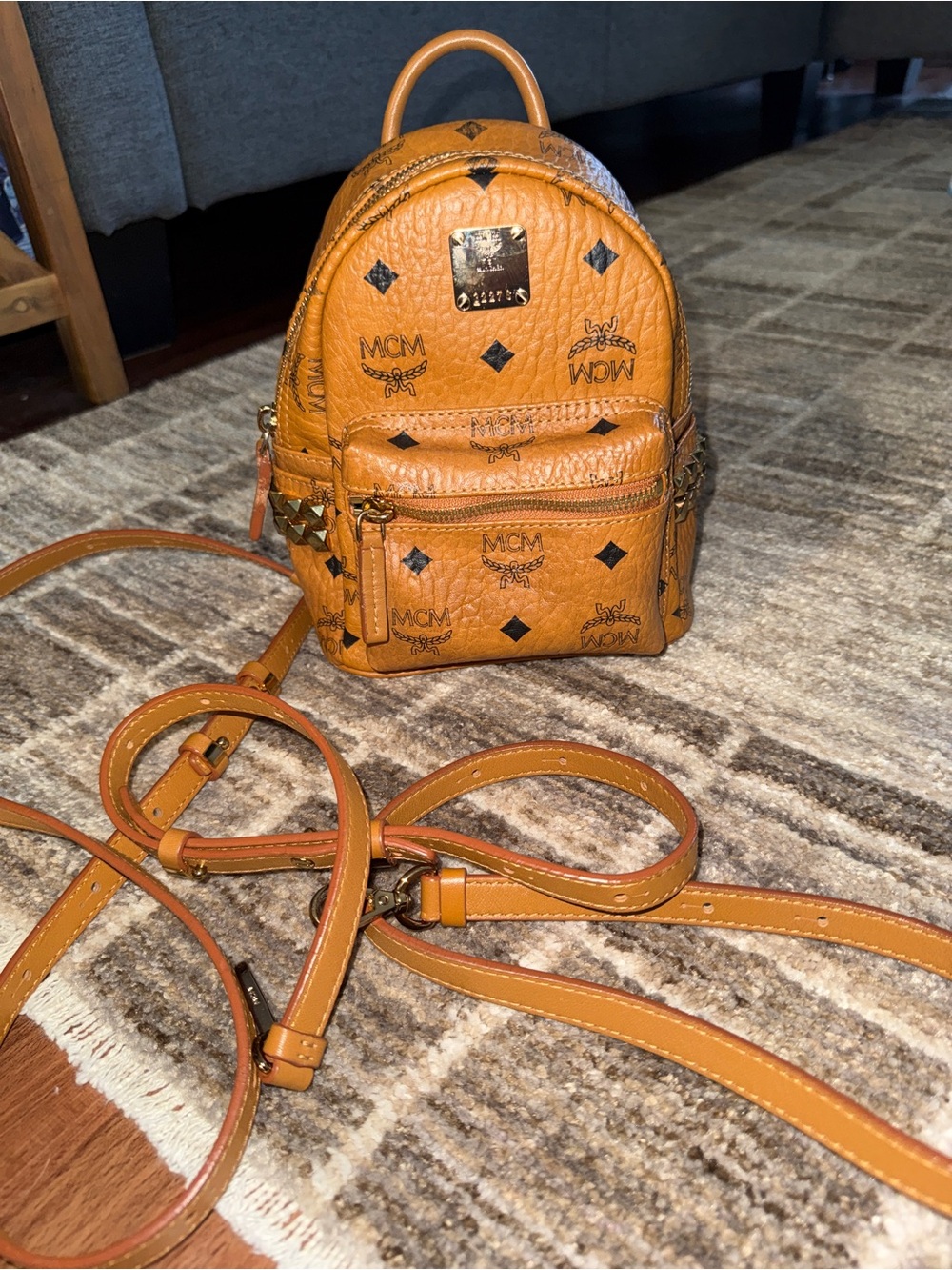 MCM Cognac Visetos Stark Mini Backpack with Gold Hardware